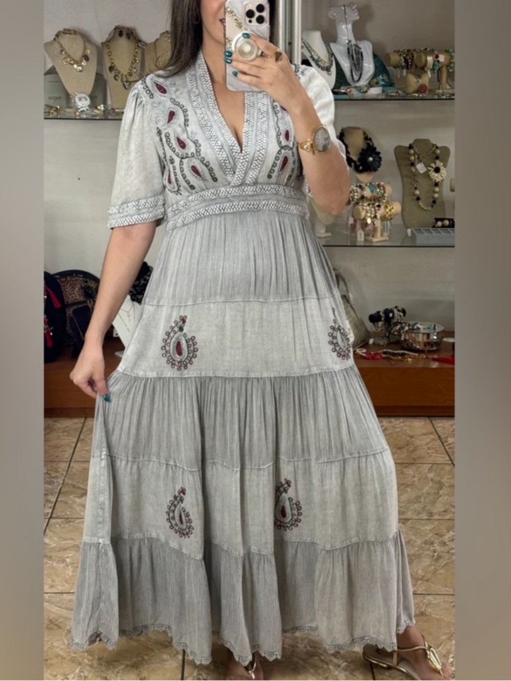 Gray Embroidered Tiered Maxi Dress with V-Neck